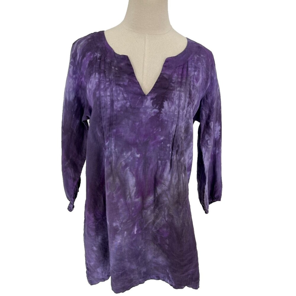 Russ Berens Tunic Top Women's Size Small Purple Tie Dye Linen Lagenlook Boho